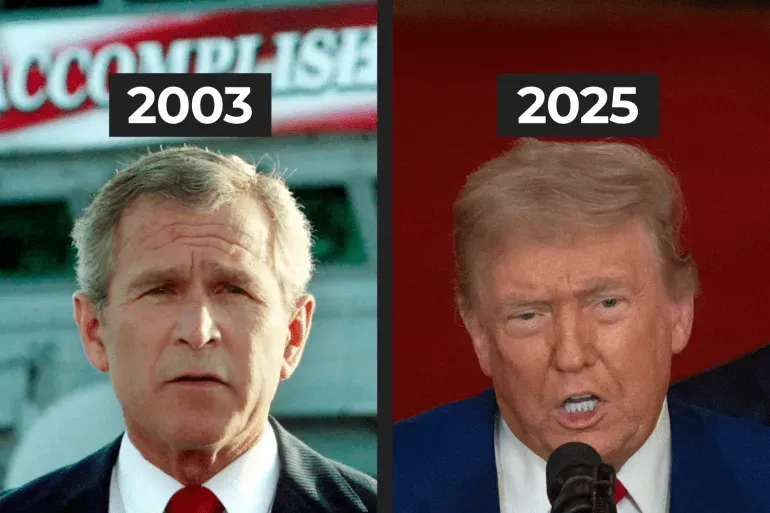 صورة تظهر الرئيسين الأمريكيين جورج بوش ودونالد ترامب، مع تواريخ 2003 و2025، تعكس تشابه الخطابات حول الحروب والتدخلات العسكرية.