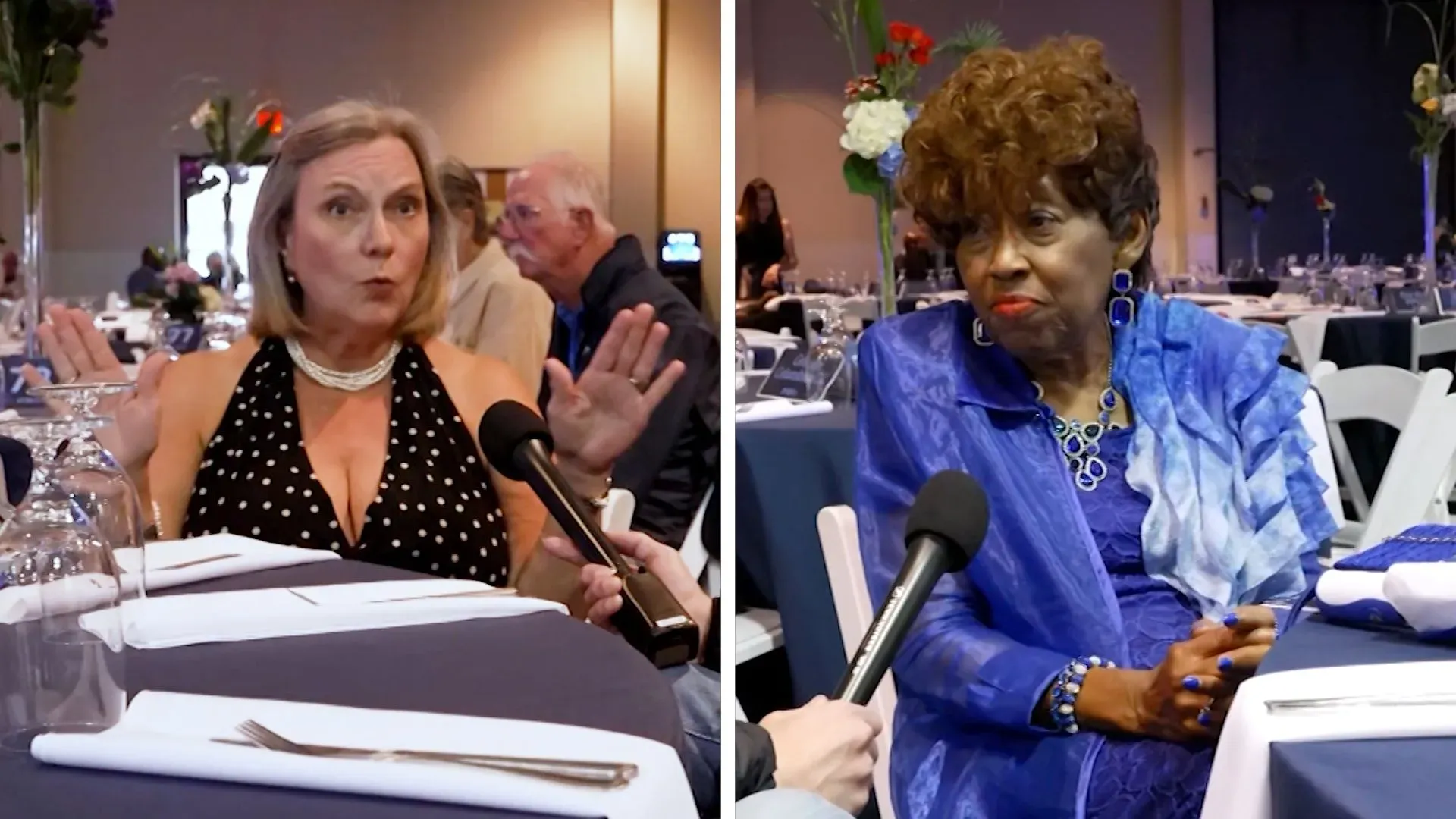 امرأتان تتحدثان في حفل عشاء لحزب الديمقراطيين في كارولينا الجنوبية، مع التركيز على أهمية القيادة القوية والتواصل مع الناخبين.