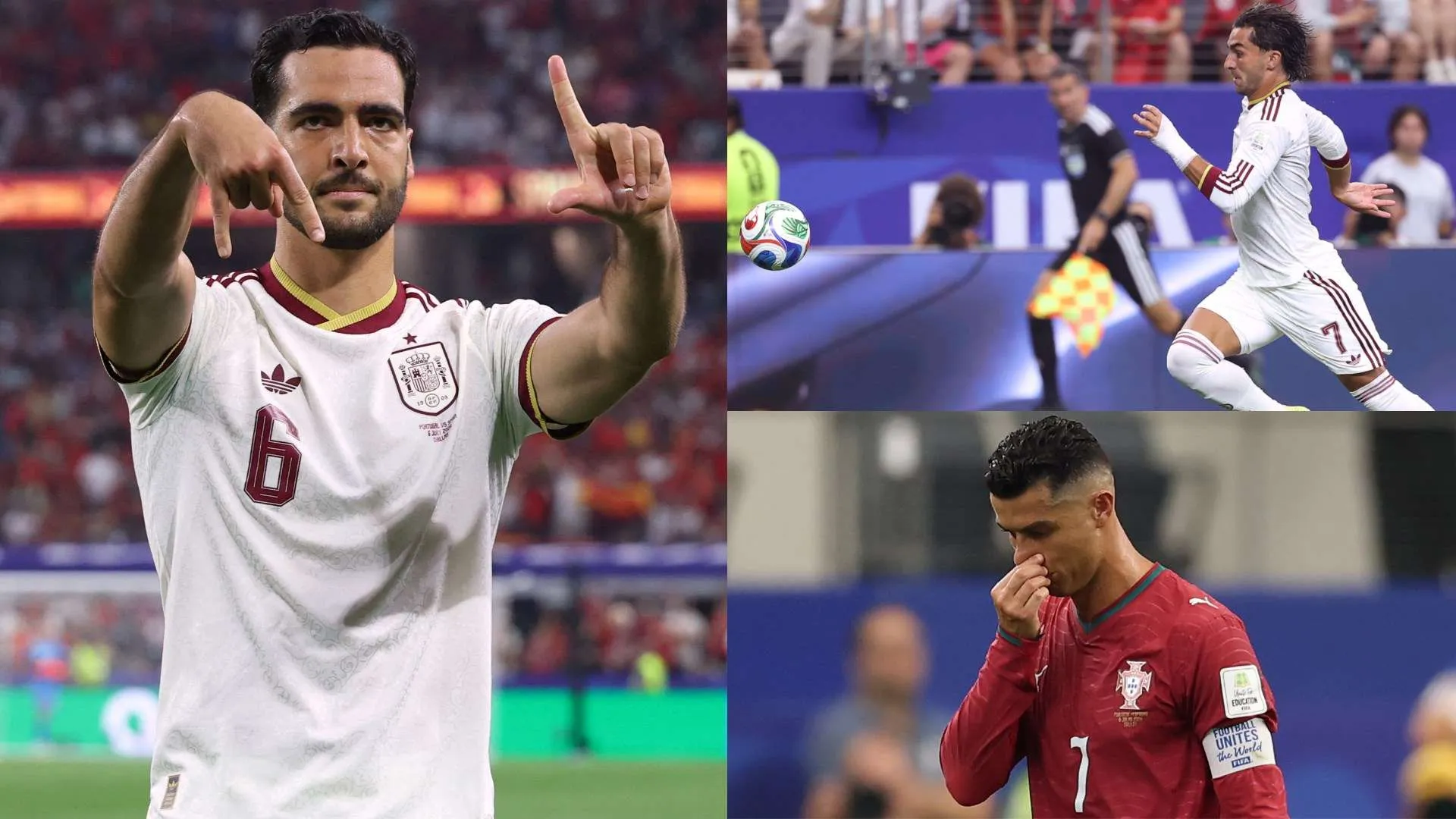 لاعبو منتخب إسبانيا يحتفلون بهدف الفوز في مباراة كأس العالم ضد البرتغال، مع مشهد محبط لكريستيانو رونالدو.