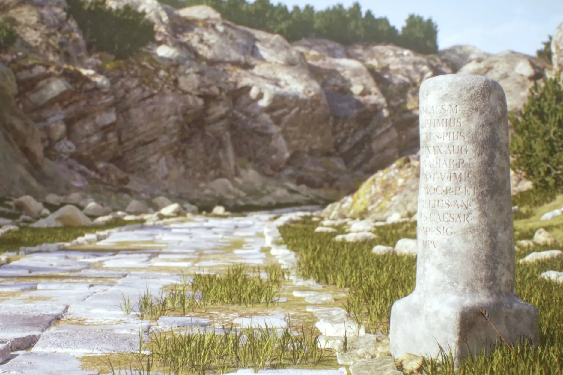 صورة لطريق روماني قديم مرصوف بالحجارة، يظهر بجانبه عمود حجري مزخرف، محاط بنباتات خضراء وصخور، مما يعكس تاريخ الإمبراطورية الرومانية.