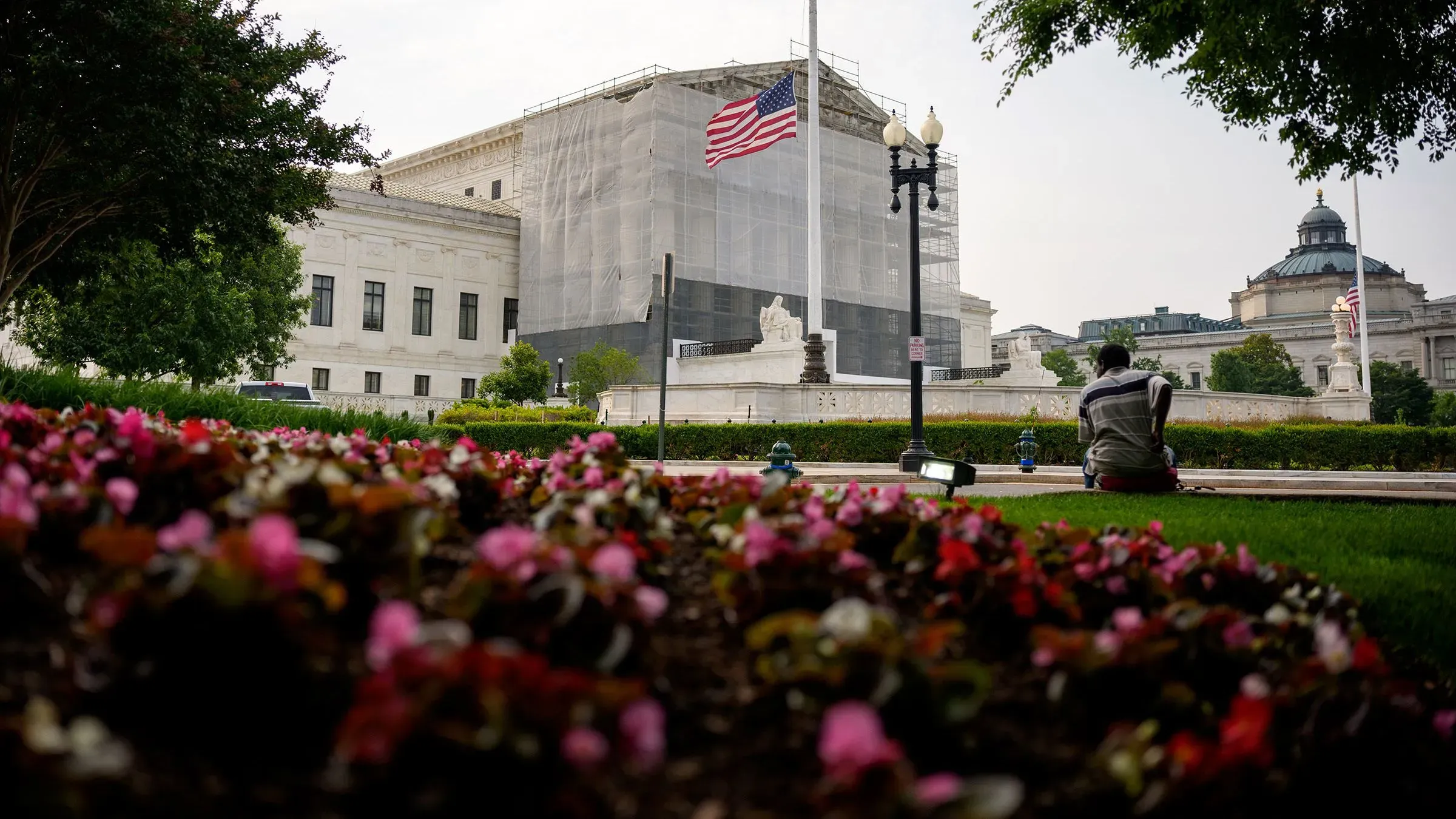 مبنى المحكمة العليا مغطى بأقمشة الترميم، مع العلم الأمريكي يرفرف في الخلفية، وشخص يجلس بين الزهور الملونة.