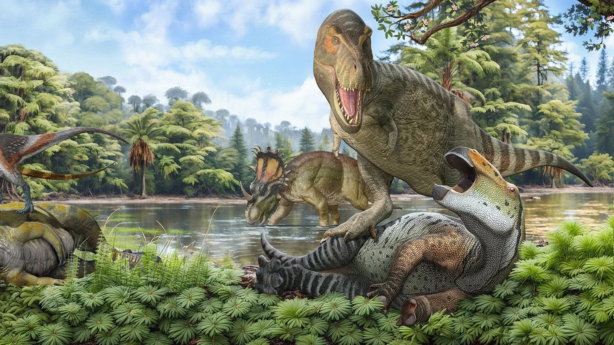 ديناصور تيرانوصور ريكس يظهر في بيئة غابية، مع ديناصورات أخرى، مما يعكس أصوله وآثار المناخ على نموه.