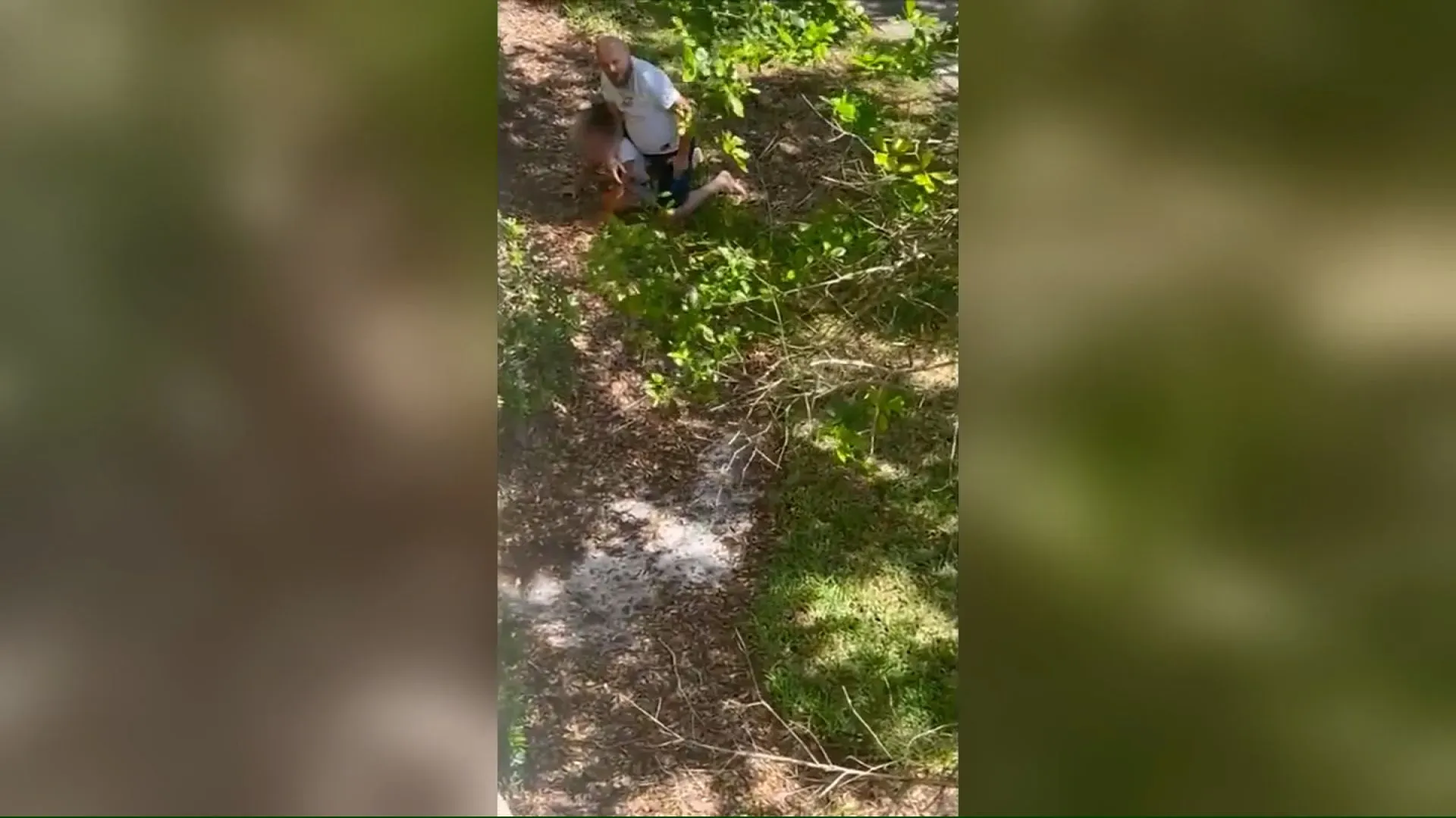 رجل يمسك بفتاة صغيرة في حديقة، حيث تبدو الفتاة في حالة من الخوف وهي تطلب المساعدة، وسط صرخات من المارة.