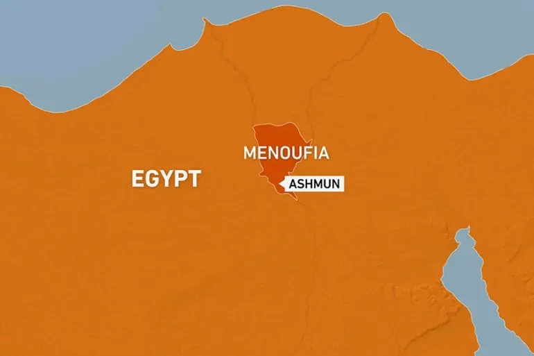 خريطة تظهر موقع مدينة أشمون في محافظة المنوفية بمصر، حيث وقع حادث تصادم مميت بين شاحنة وحافلة صغيرة.