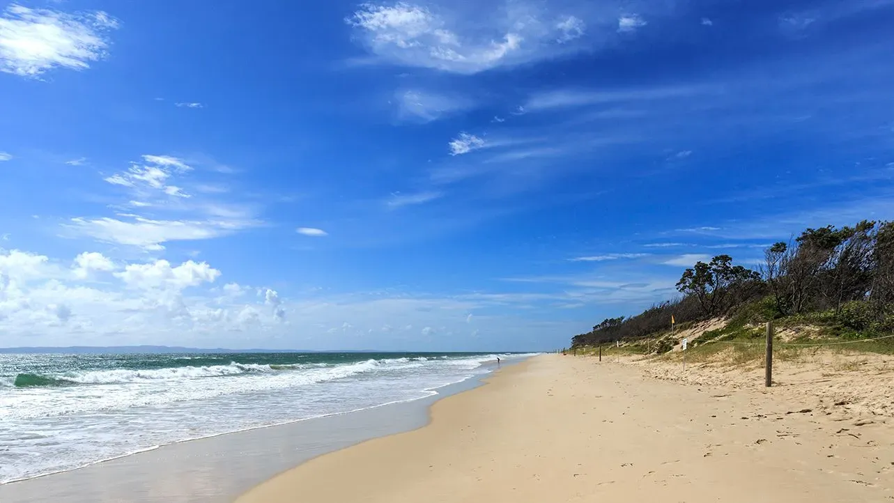 شاطئ ووريم في جزيرة بريبي، حيث وقعت حادثة هجوم سمكة قرش، يظهر الرمال الناعمة والمياه المتلاطمة تحت سماء زرقاء.