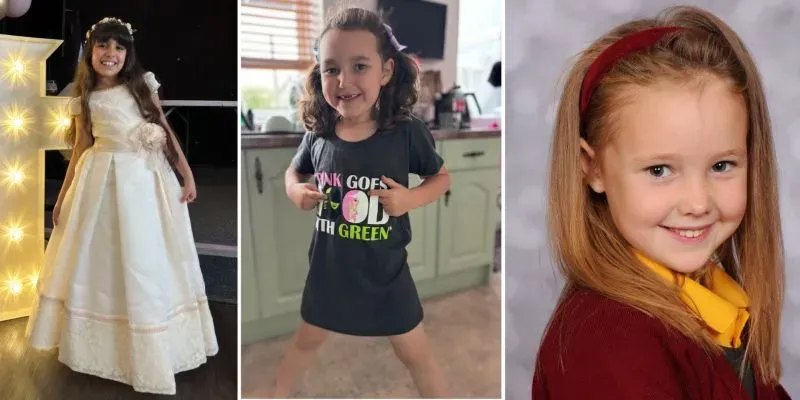 صور لثلاث فتيات صغيرات قتلن في هجوم بسكين في ساوثبورت، تعكس أعمارهن البريئة ومظاهرهن السعيدة.