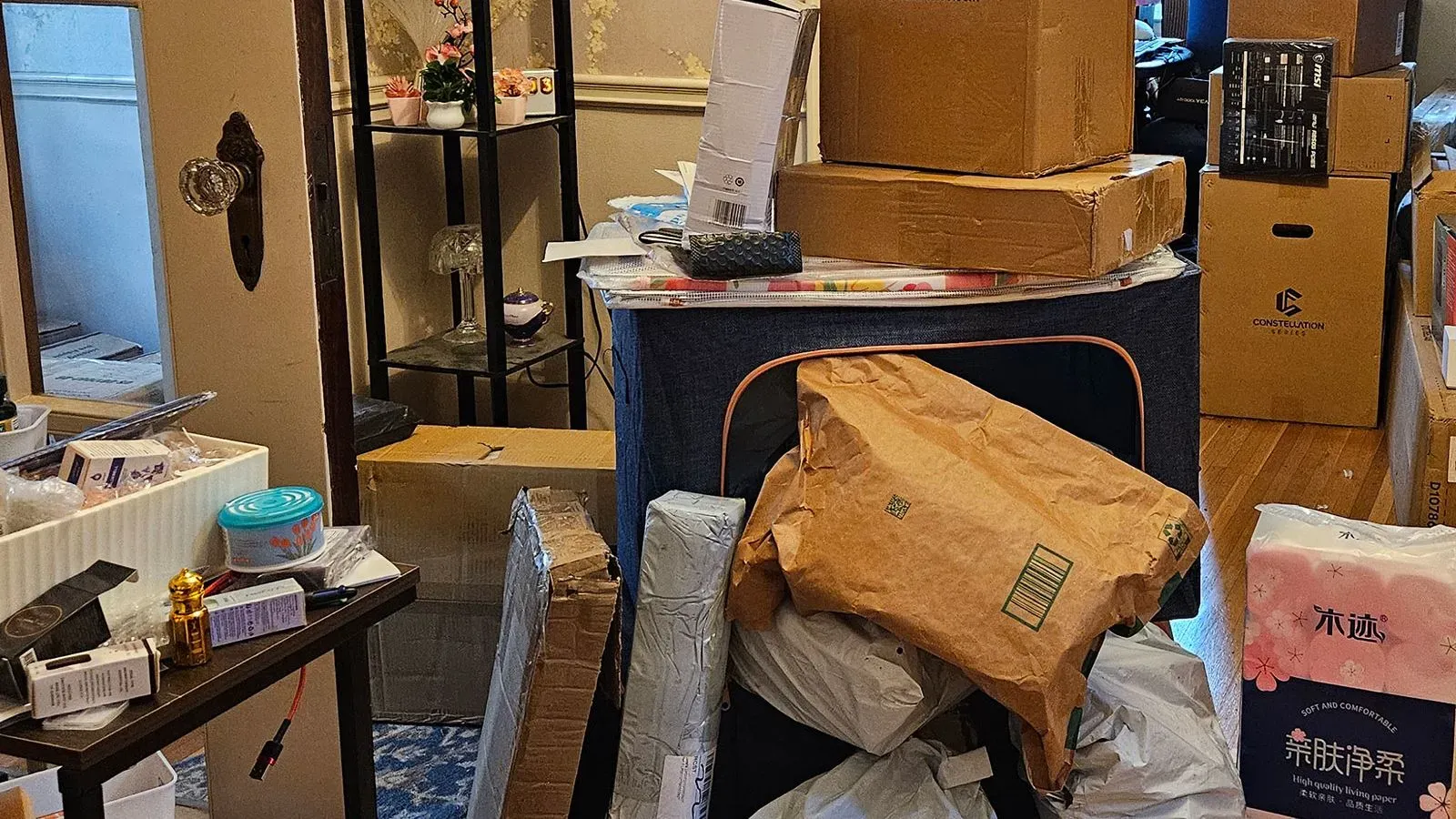 غرفة مليئة بصناديق الشحن والطرود، تعكس زيادة التسوق عبر الإنترنت من مواقع التجارة الإلكترونية الصينية مثل تيمو وشين.