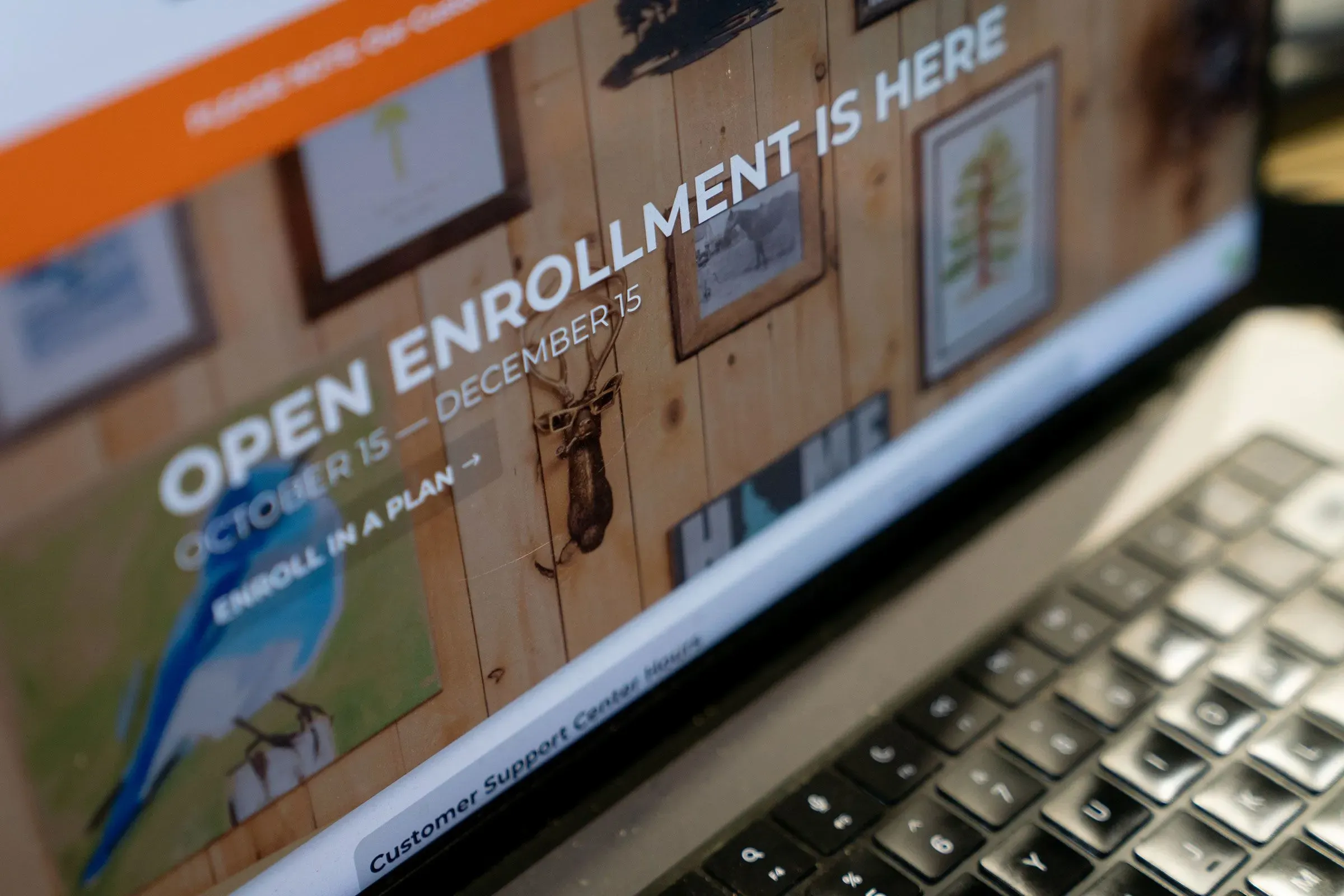 واجهة موقع إلكتروني تعرض معلومات عن فترة التسجيل المفتوحة لتأمين الرعاية الصحية، مع صور توضيحية على الجدار خلف الشاشة.