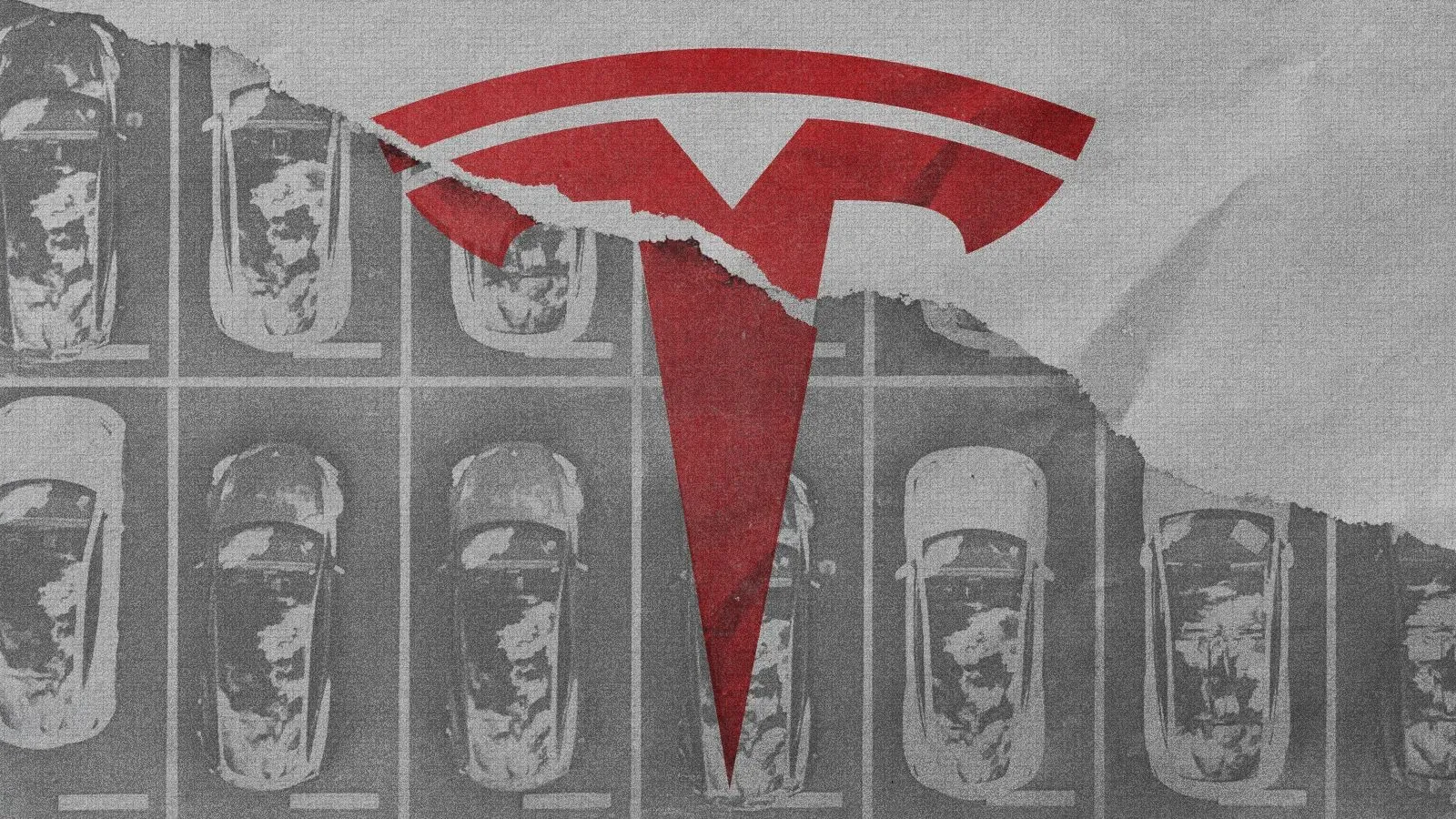 شعار شركة تسلا باللون الأحمر مع خلفية رمادية تُظهر سيارات كهربائية، مما يعكس تأثير مبيعات الائتمان التنظيمي على مستقبل الشركة.