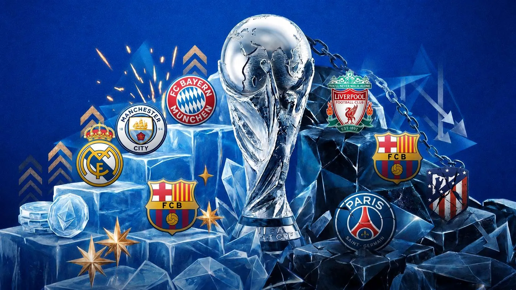 كأس العالم 2026 وسط شعارات أندية برشلونة وريال مدريد ومانشستر سيتي وبايرن ميونخ وليفربول وباريس سان جيرمان وأتلتيكو مدريد تعكس تأثير البطولة على أندية أوروبا الكبرى.