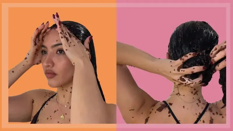 امرأة تطبق قناعًا طبيعيًا على شعرها باستخدام مكونات طبيعية، تعبير عن اتجاهات الجمال الحديثة للاعتناء بالبشرة والشعر.