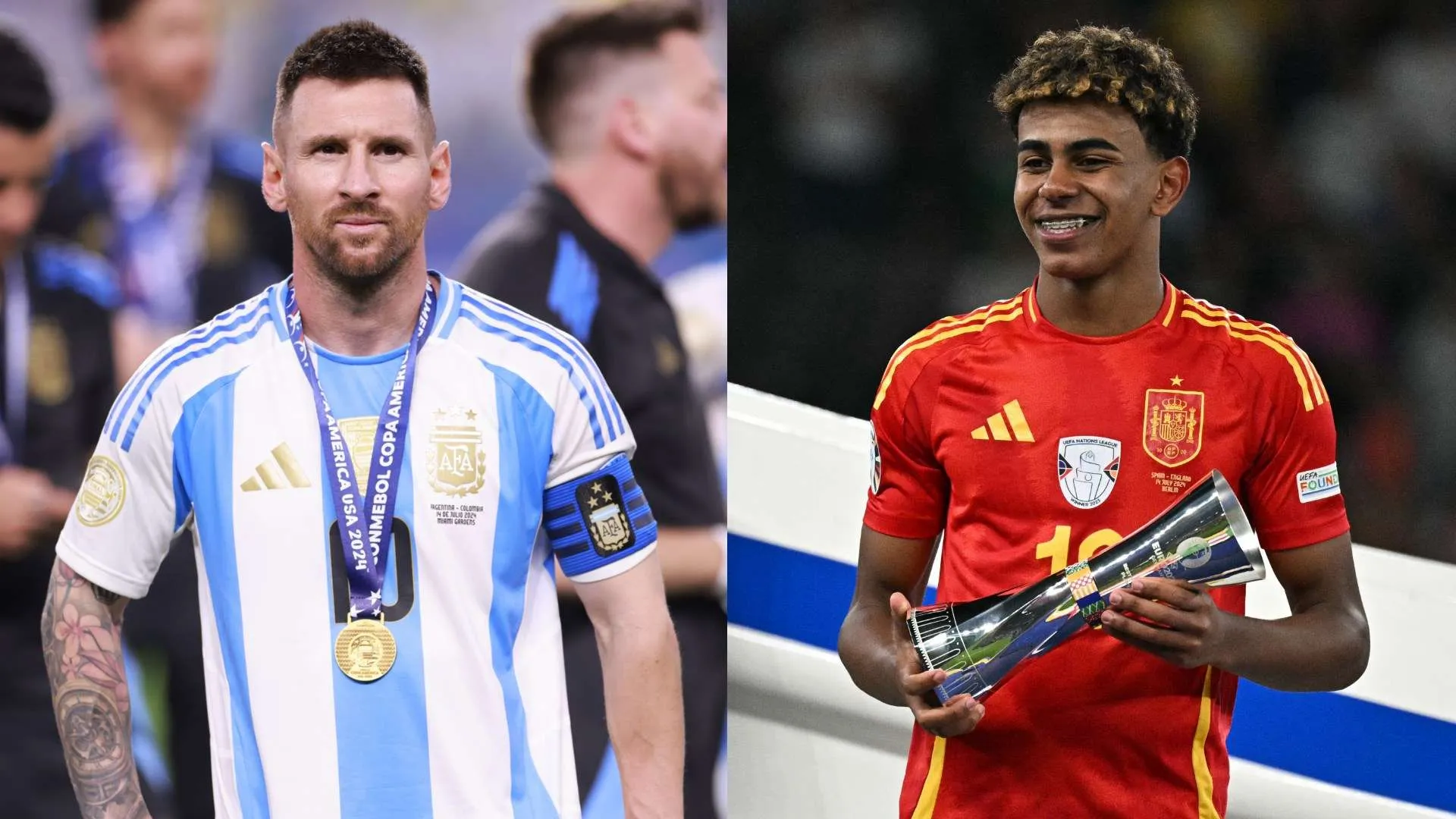 ليونيل ميسي بزي الأرجنتين حاملًا ميدالية ذهبية، ولامين يمال بزي إسبانيا مبتسمًا ويحمل كأس لاعب مميز، يعكسان مستقبل كرة القدم.