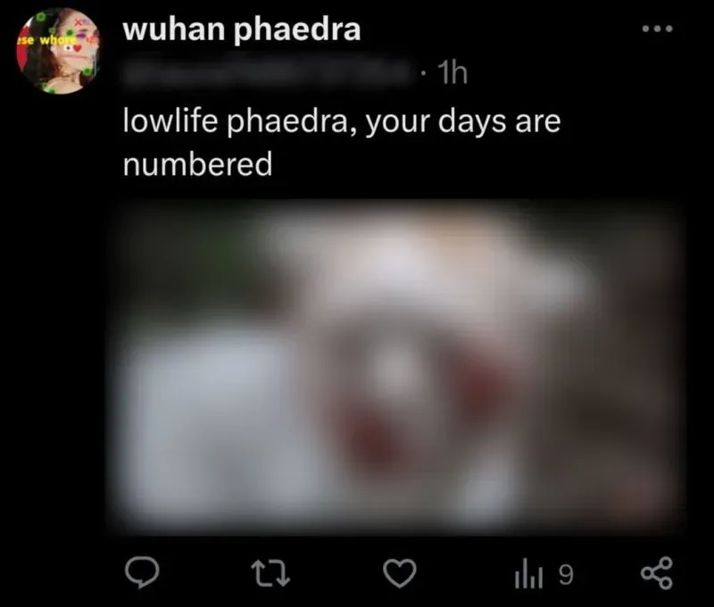 صورة مشوشة لمحتوى على وسائل التواصل الاجتماعي يتضمن تهديدًا، مع نص يشير إلى شخص يُدعى "فايدرا" وأيامه معدودة.