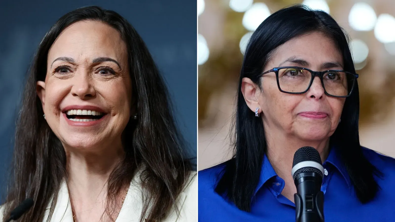 صورة لزعيمتي فنزويلا، ماريا كورينا ماتشادو وديلسي رودريغيز، تتنافسان على النفوذ في ظل الأوضاع السياسية المتوترة.