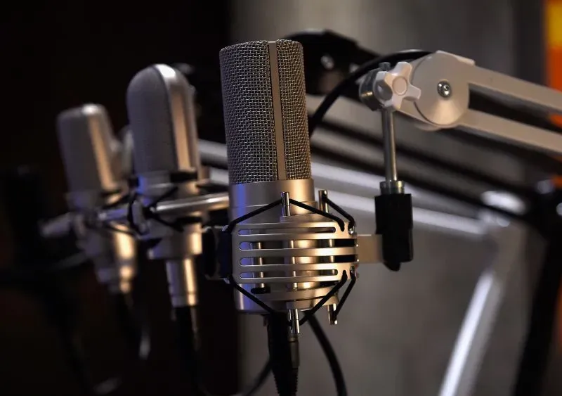 ميكروفونات احترافية مثبتة على حوامل، تُستخدم في تسجيل الصوت، تعكس أهمية الصوتيات في صناعة الموسيقى والإعلام.