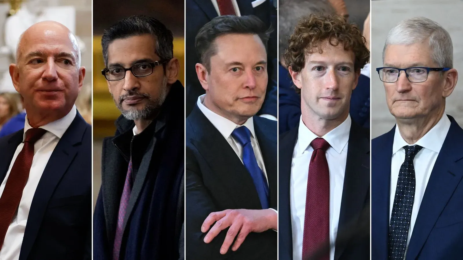 صورة لمجموعة من قادة التكنولوجيا البارزين، بما في ذلك جيف بيزوس وإيلون ماسك وتيم كوك، خلال حدث رسمي. تعكس الصورة تأثيرهم في السياسة والاقتصاد.
