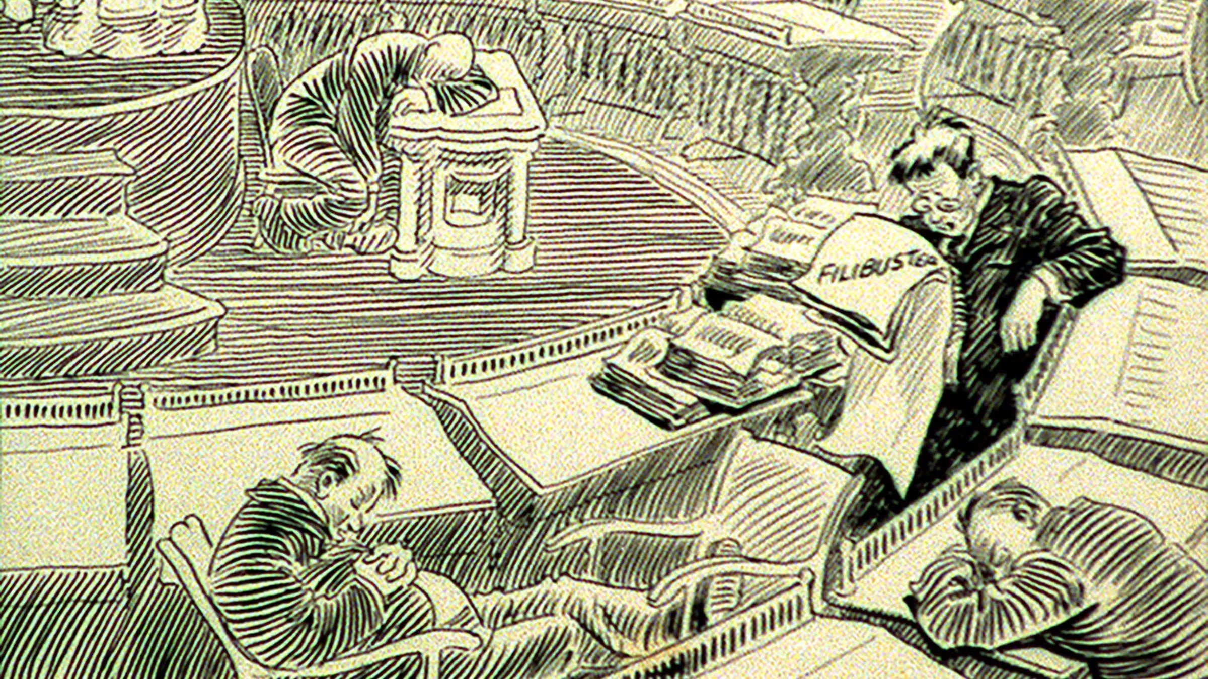 صورة توضح مشهدًا داخل مجلس الشيوخ الأمريكي مع أعضاء نائمين أو متعبين، تعبيرًا عن تأثير المماطلة على العمل التشريعي.