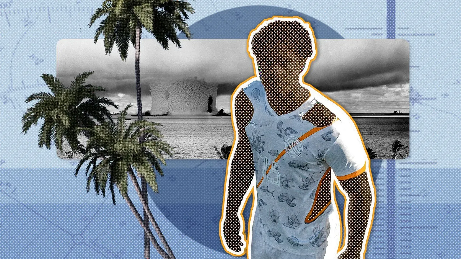 قميص فريق كرة القدم لجزر مارشال مزخرف بنباتات وحيوانات الجزر، مع شعار "لا منزل" ورقم 1.5، يسلط الضوء على أزمة المناخ.