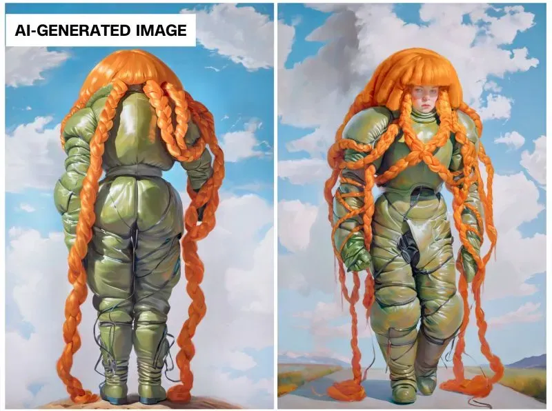 صورة فنية توليدية تظهر شخصية ترتدي بدلة خضراء مع شعر برتقالي كثيف، في خلفية سماء زرقاء مع سحب بيضاء، تعبر عن قضايا الفن الرقمي والذكاء الاصطناعي.