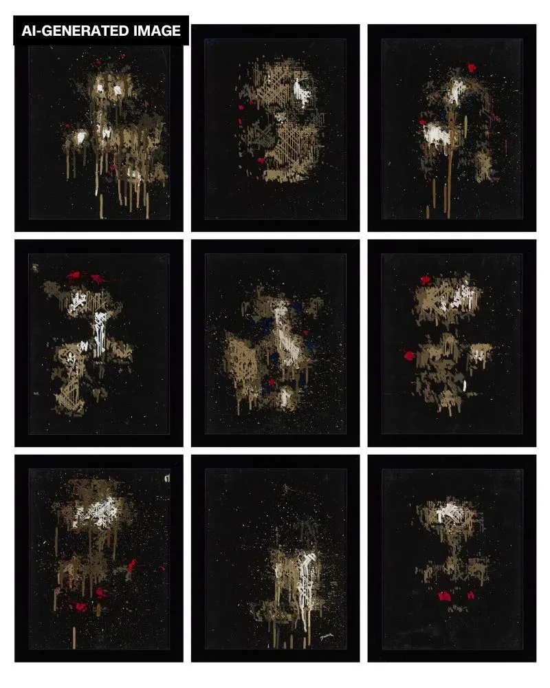 عمل فني مولّد بواسطة الذكاء الاصطناعي، يتكون من تسع لوحات بألوان داكنة مع لمسات من الألوان الزاهية، يعكس جدل حول حقوق الفنانين.