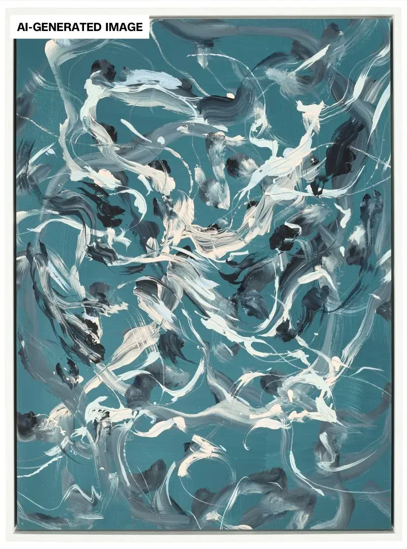 عمل فني توليدي باستخدام الذكاء الاصطناعي، يتميز بألوان زرقاء ورمادية متداخلة، يعكس الجدل حول حقوق الفنانين.