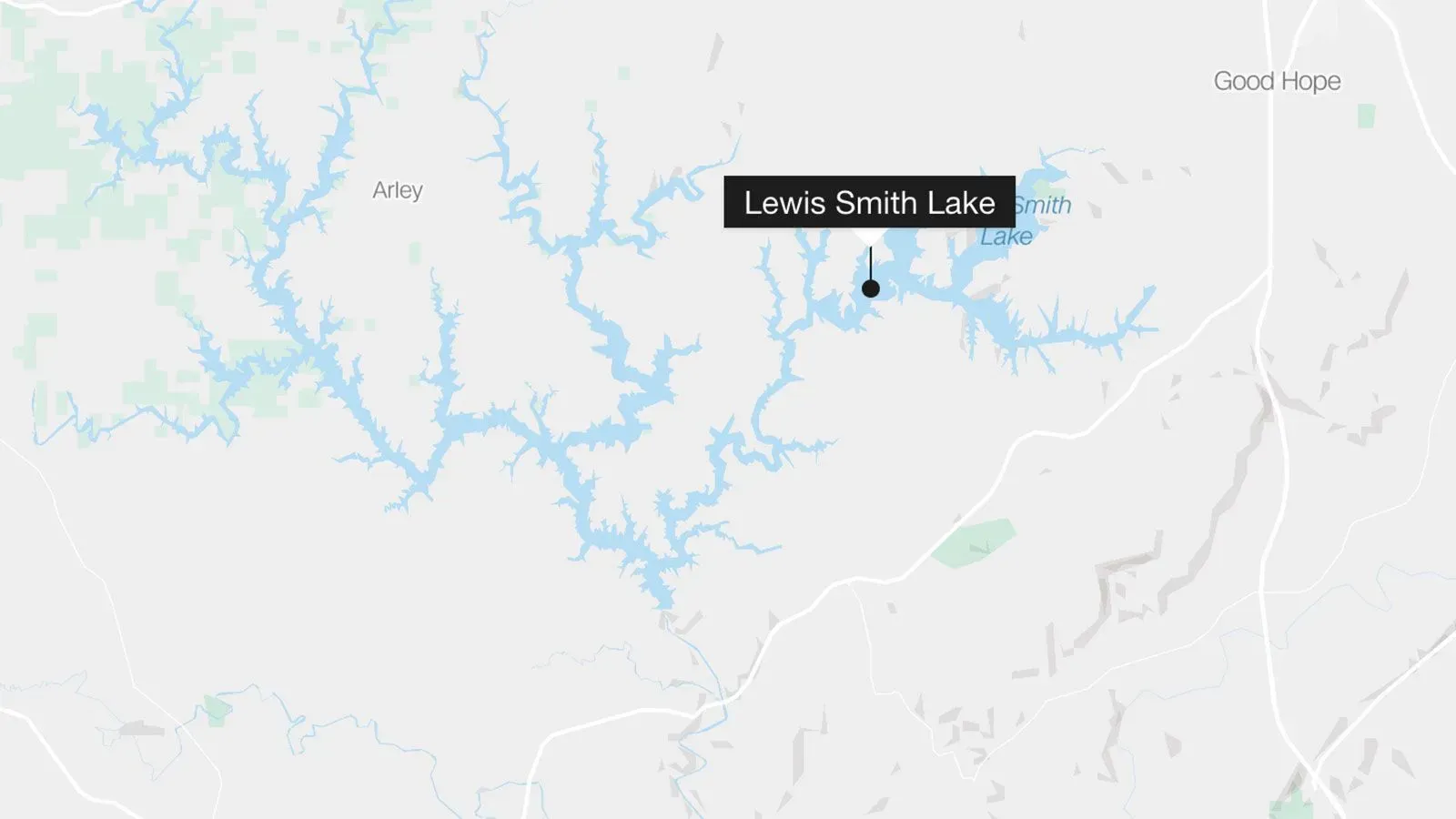 خريطة توضح موقع بحيرة لويس سميث في ألاباما، حيث وقع حادث تحطم قارب خلال بطولة صيد الأسماك الاحترافية.