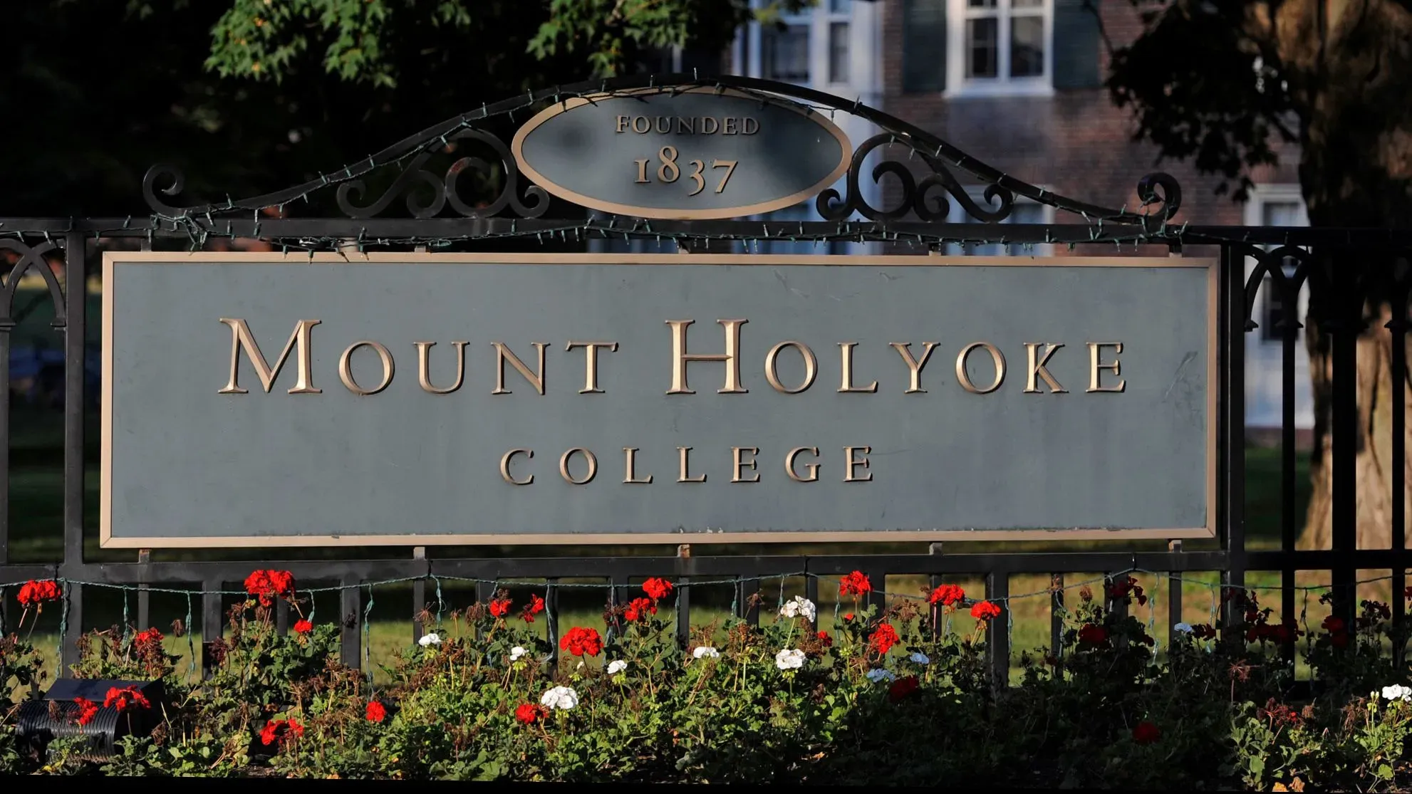 لافتة كلية ماونت هوليوك، التي تأسست عام 1837، تظهر اسم الكلية وسط زهور ملونة، تعبر عن القلق بشأن تأشيرات الطلاب الدوليين.