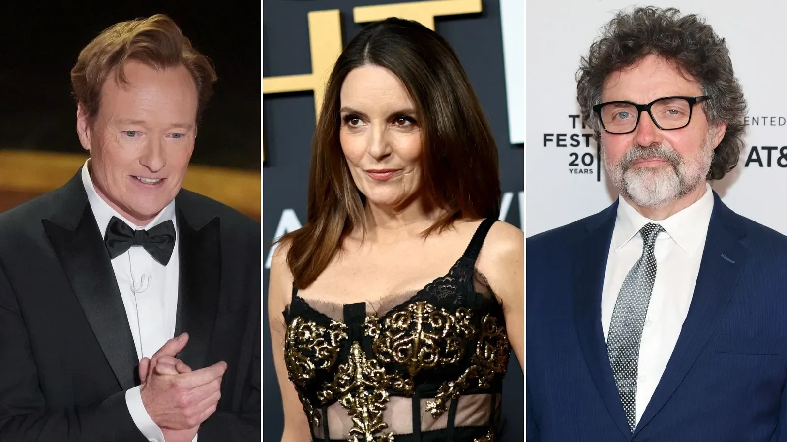 كونان أوبراين وتينا فاي وجيف ريتشموند في صورة جماعية، مع تعبيرات تعكس لحظات من الفكاهة والذكريات في عالم الكوميديا.