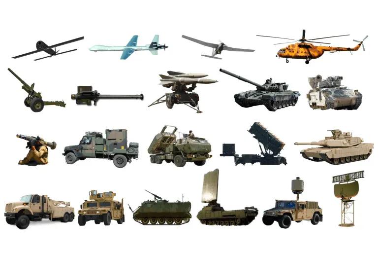 تشكيلة متنوعة من الأسلحة والمعدات العسكرية التي حصلت عليها أوكرانيا من حلفائها، تشمل الطائرات والدبابات والمدفعية.