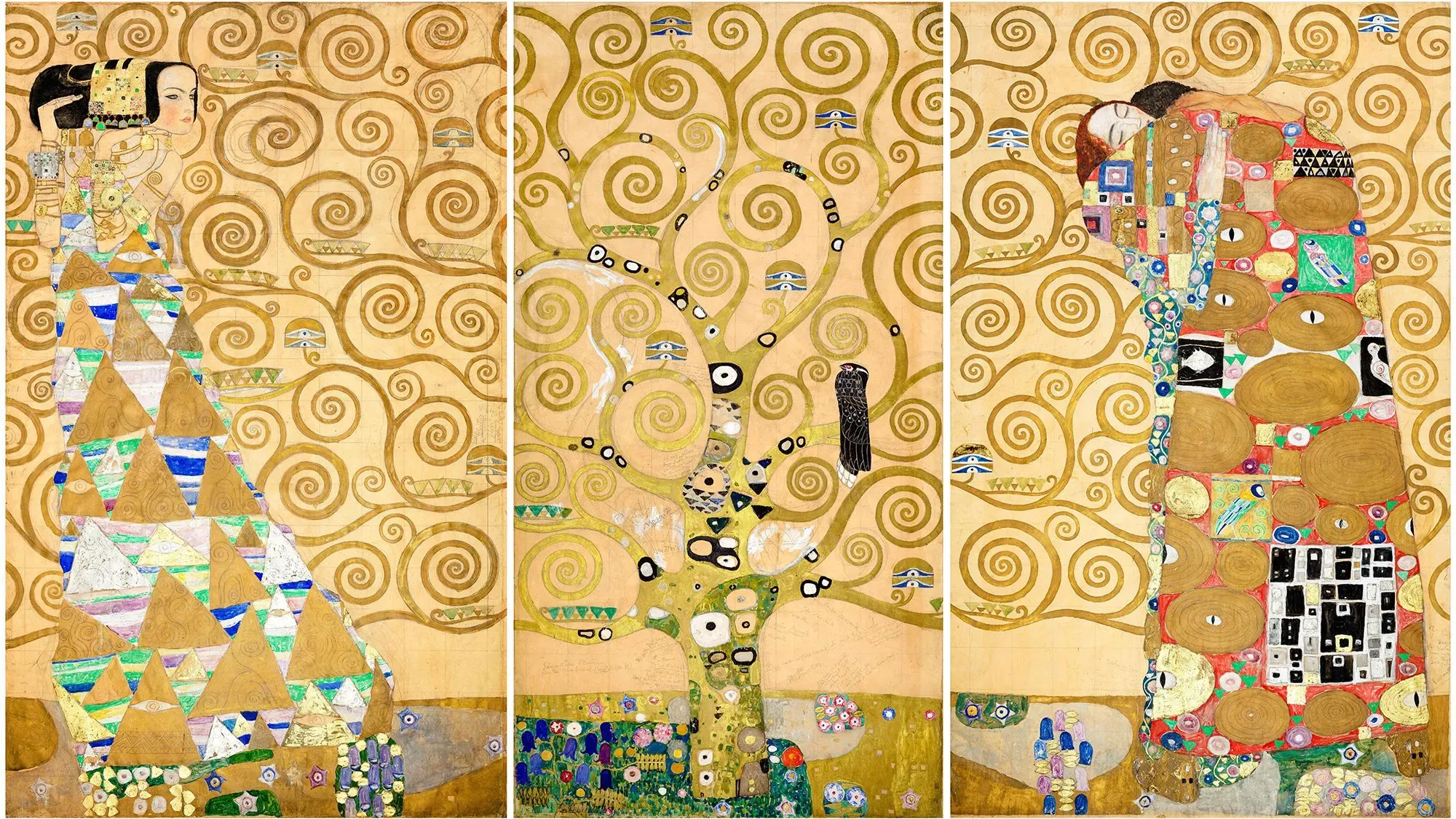 لوحة "شجرة الحياة" للفنان غوستاف كليمت، تظهر تداخل الأشكال الهندسية مع أنماط طبيعية، مما يعكس العلاقة بين الفن والرياضيات.