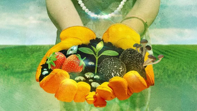 يد تحمل تربة غنية تحتوي على فواكه وخضروات متنوعة، مثل الفراولة والفلفل، مع خلفية خضراء تمثل الزراعة المنزلية.