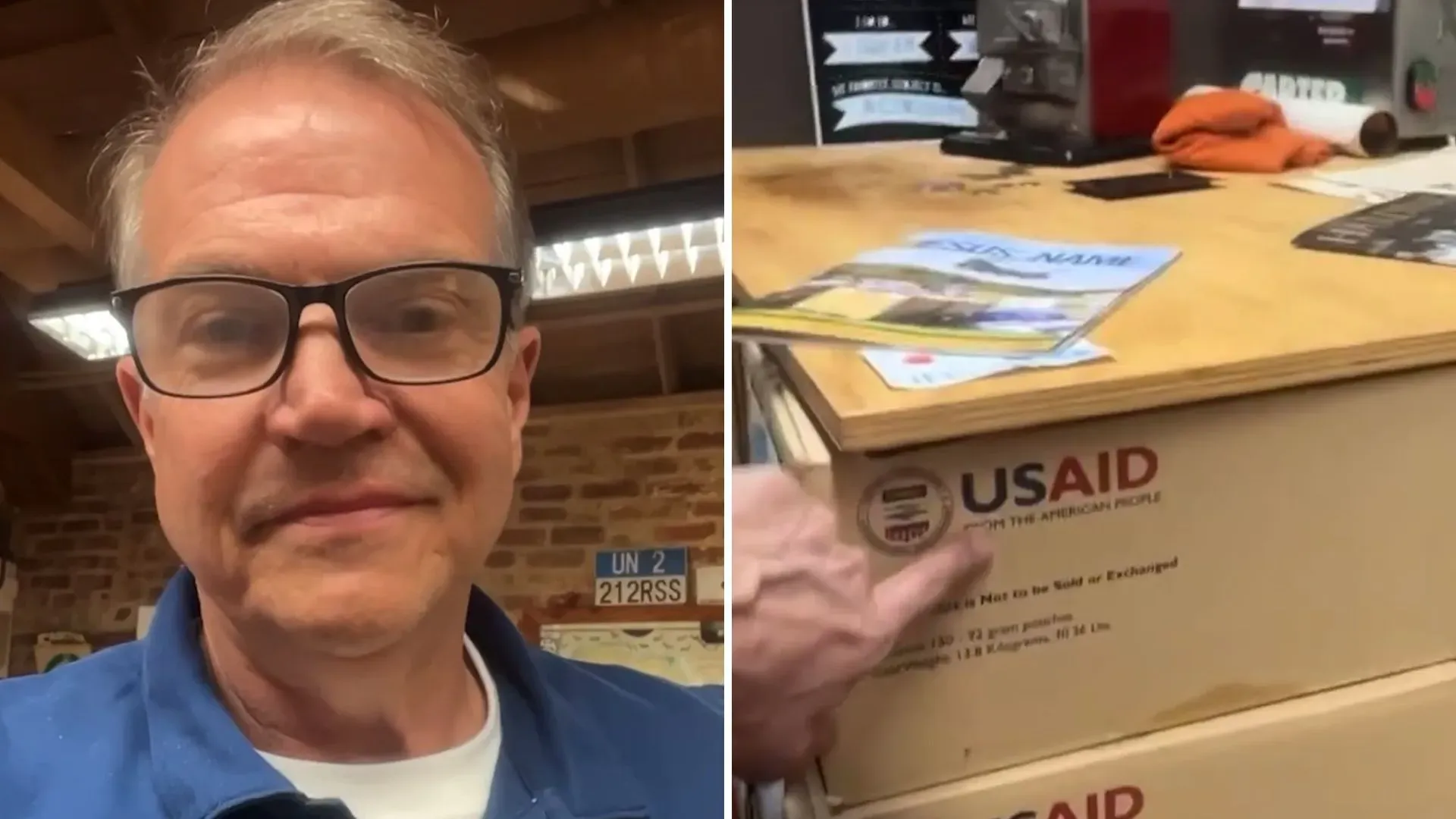 مارك مور، الرئيس التنفيذي لشركة MANA Nutrition، يظهر في ورشة عمله مع صناديق تحمل شعار الوكالة الأمريكية للتنمية الدولية، في سياق أزمة غذائية للأطفال.