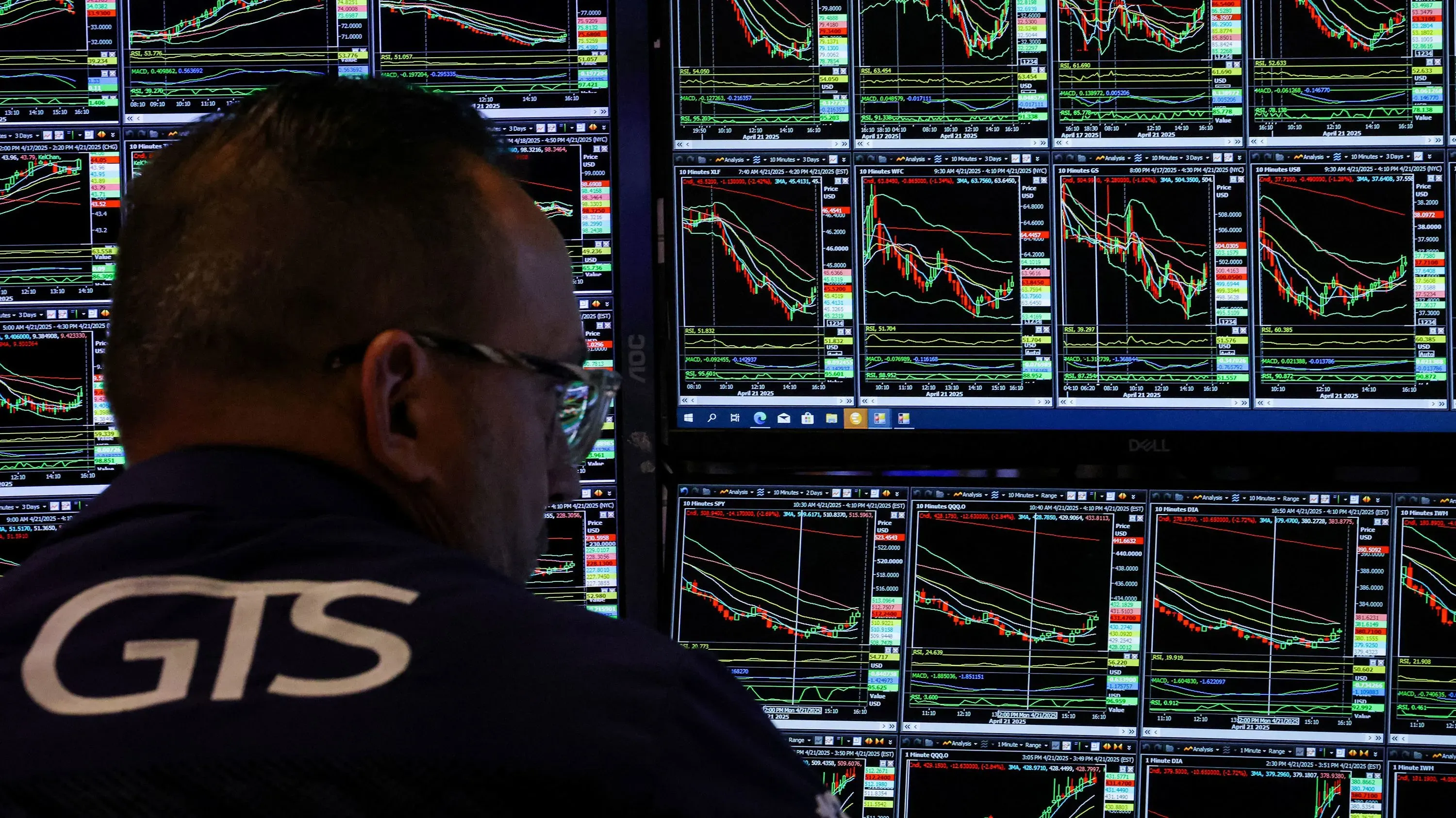 شخص يجلس أمام شاشات متعددة تعرض بيانات سوق الأسهم والرسوم البيانية، في بيئة تداول نشطة تعكس حالة عدم اليقين الاقتصادي.