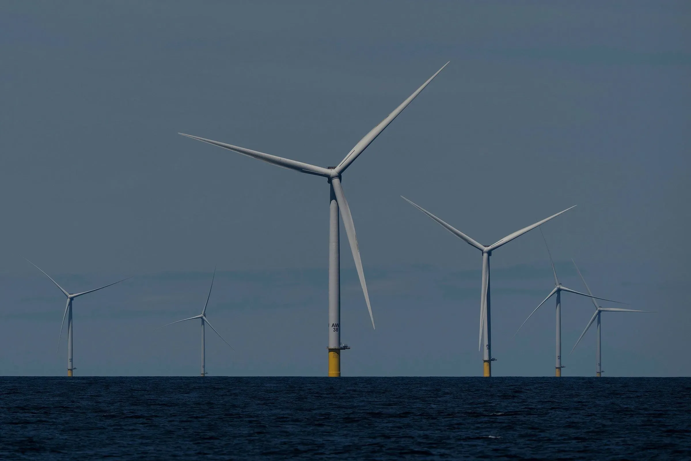 تظهر الصورة مجموعة من توربينات الرياح البحرية في المحيط، مما يعكس جهود الولايات المتحدة في استخدام الطاقة المتجددة لمواجهة ارتفاع أسعار الكهرباء.