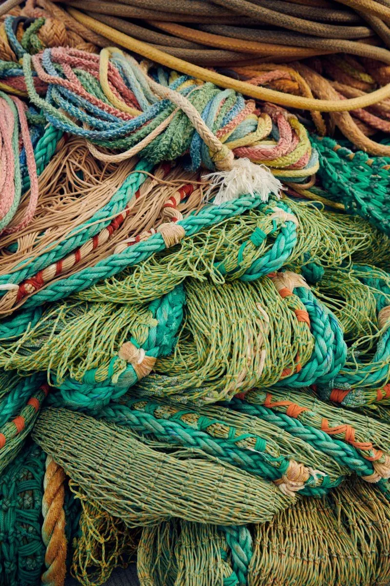 خيوط وأحبال ملونة متشابكة، تُستخدم في الصيد، تمثل البيئة البحرية وتحدياتها في ظل تغير المناخ وتأثيراته على الحياة البحرية.