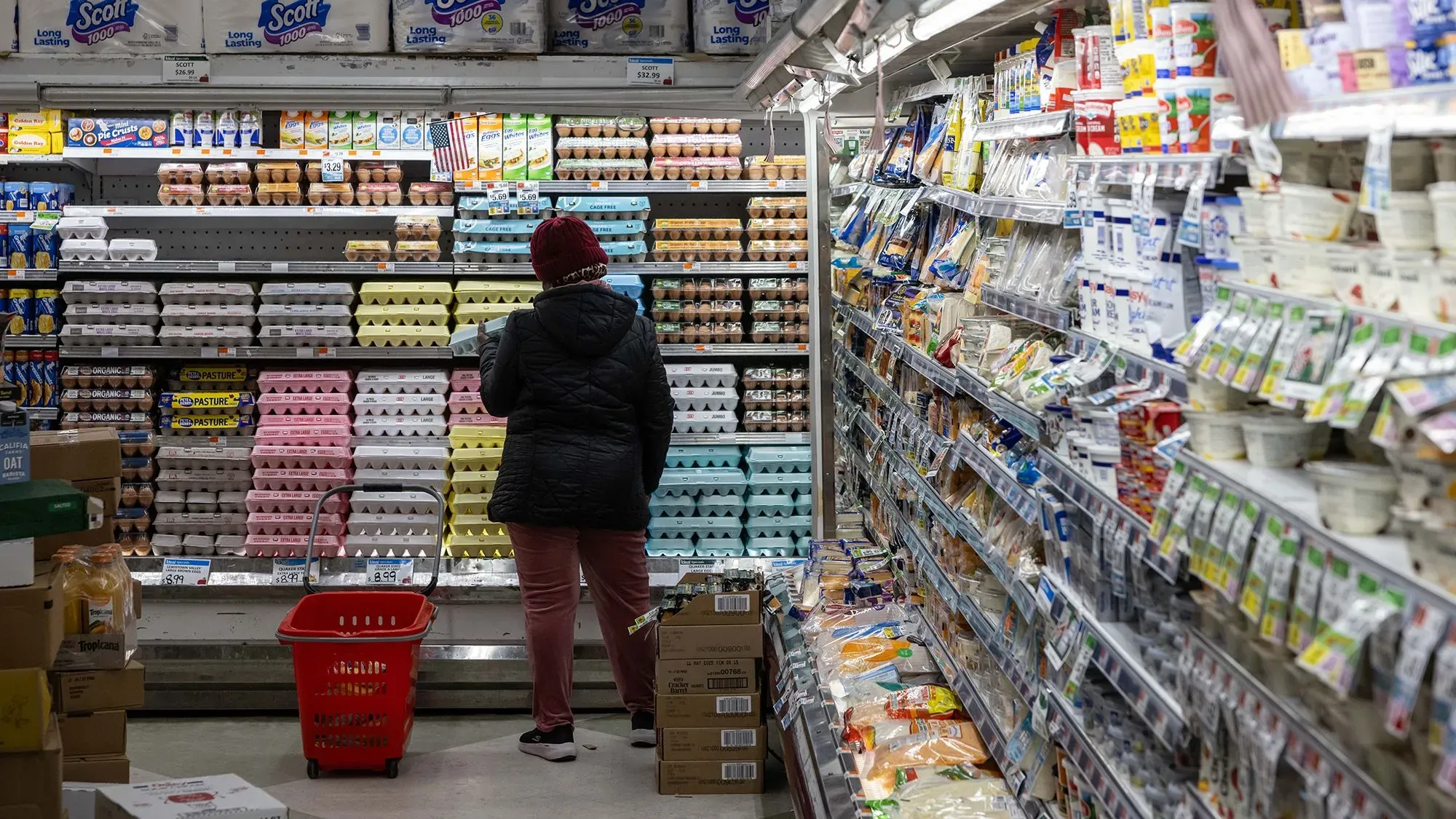 امرأة ترتدي قبعة حمراء تقف أمام رفوف مليئة بعبوات البيض ومنتجات الألبان في متجر بقالة، وسط ارتفاع أسعار المواد الغذائية.
