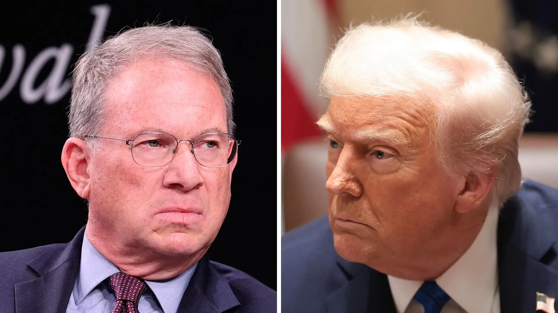 ترامب وغولدبرغ يتبادلان النظرات الجادة في سياق مقابلة تتناول الفضيحة المتعلقة بمعلومات سرية، وسط جدل حول مصداقية التقارير الإعلامية.