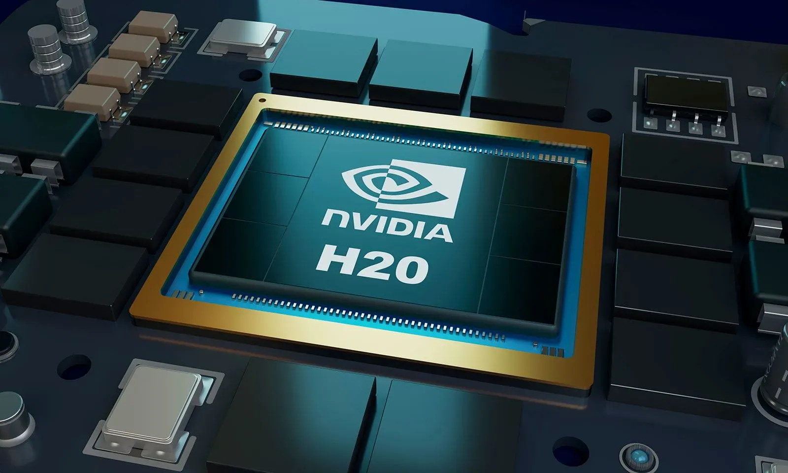 شريحة إلكترونية من شركة Nvidia تحمل علامة H20، محاطة بمكونات أخرى، تمثل التطورات في صناعة أشباه الموصلات وتأثيرها على التجارة العالمية.