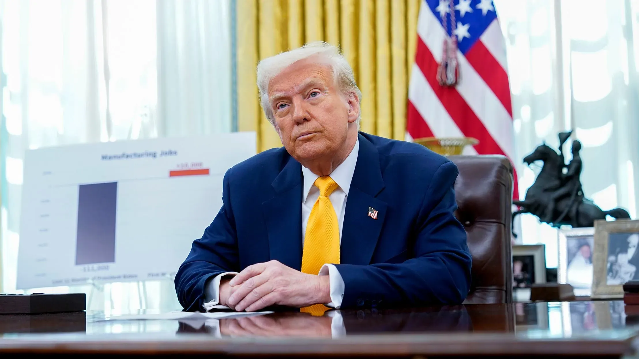 الرئيس دونالد ترامب يجلس في المكتب البيضاوي، مع رسم بياني خلفه يوضح بيانات الوظائف في قطاع التصنيع، بينما يبدو عليه التوتر.