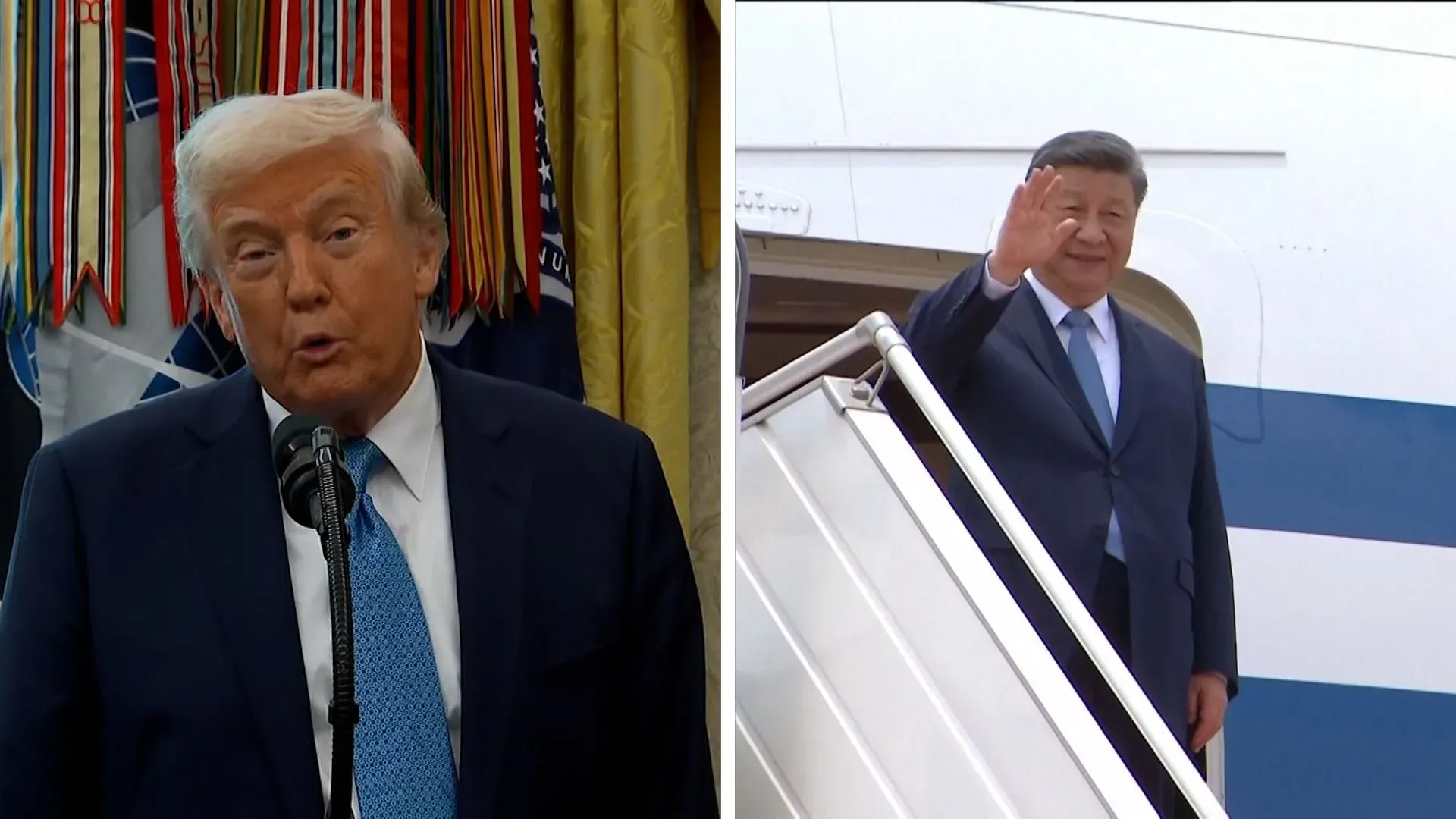 ترامب يتحدث في المكتب البيضاوي عن تخفيض الرسوم الجمركية على الصين، بينما شي جين بينغ يلوح من سلم الطائرة، مما يعكس التوترات التجارية بين البلدين.