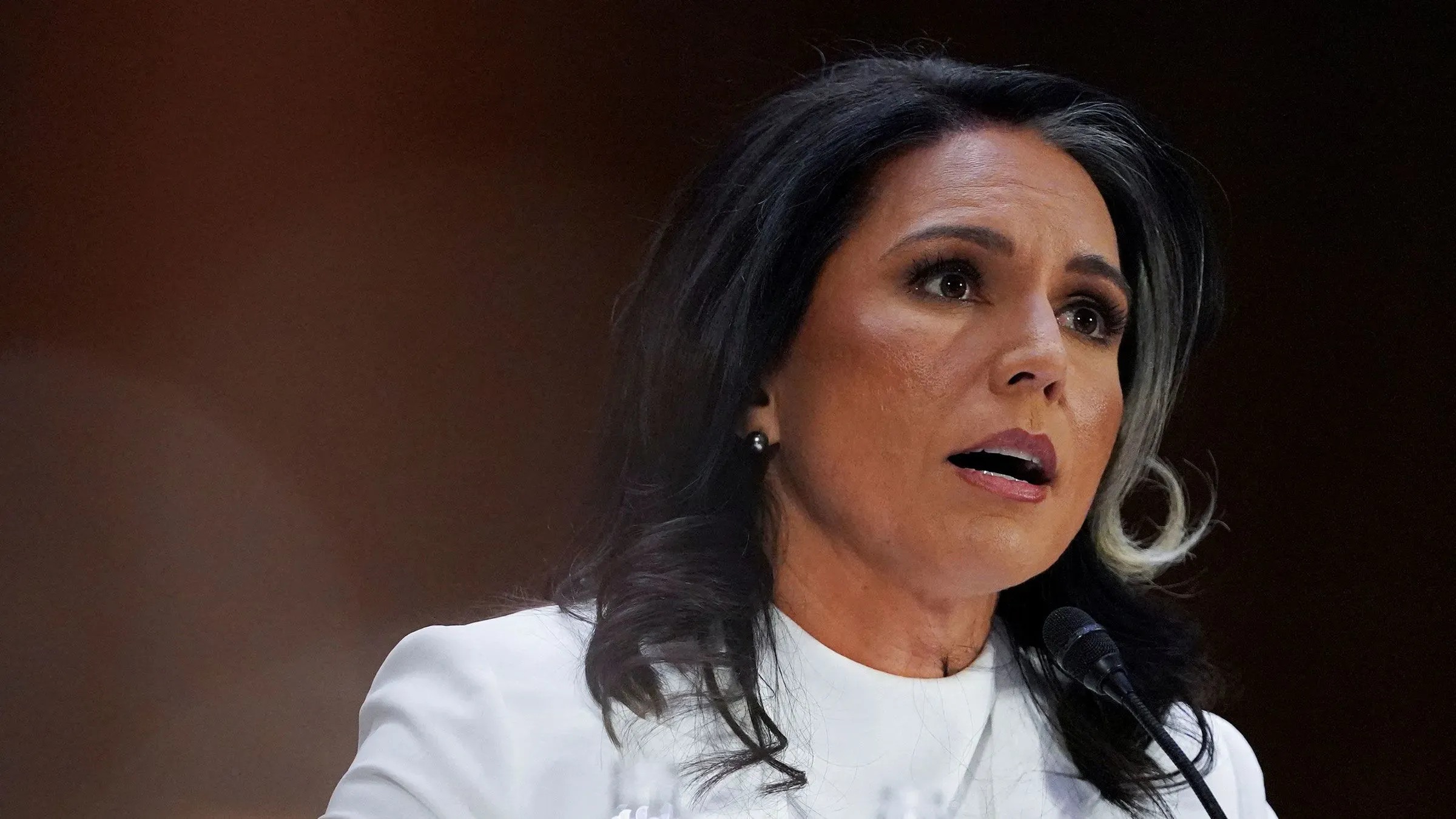 تولسي غابارد تتحدث في مؤتمر صحفي حول فصل أكثر من 100 ضابط استخبارات بسبب رسائل جنسية غير لائقة في غرف الدردشة.