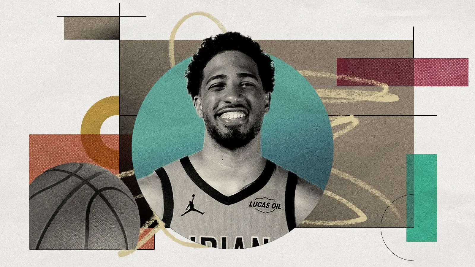 تايريس هاليبرتون مبتسم في صورة فنية، يرتدي زي فريق إنديانا بيسرز، مع كرة سلة وخلفية ملونة تعكس نجاحاته في موسم 2024-25.