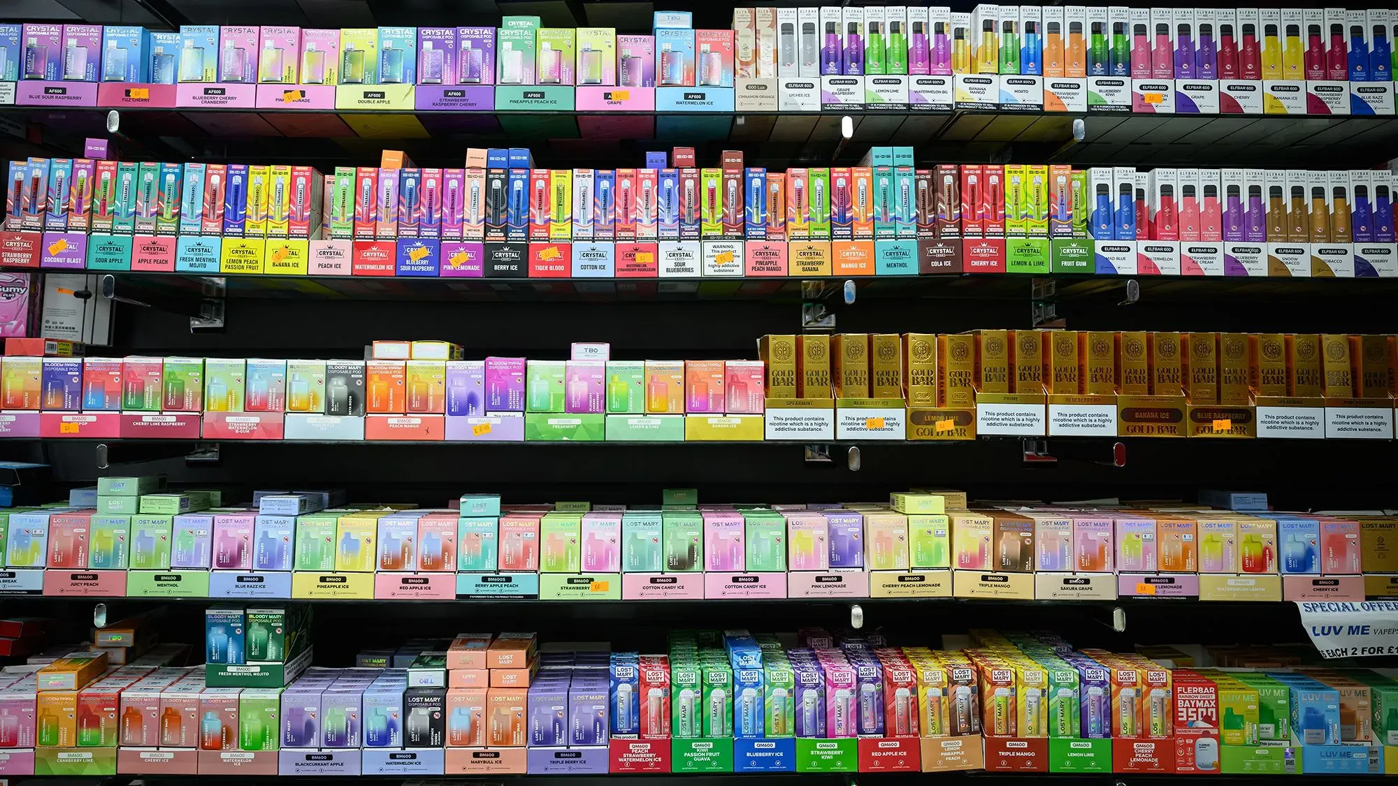 تظهر الصورة مجموعة متنوعة من السجائر الإلكترونية ذات الاستخدام لمرة واحدة، المعروضة على رفوف متجر، مع ألوان ونكهات متعددة.
