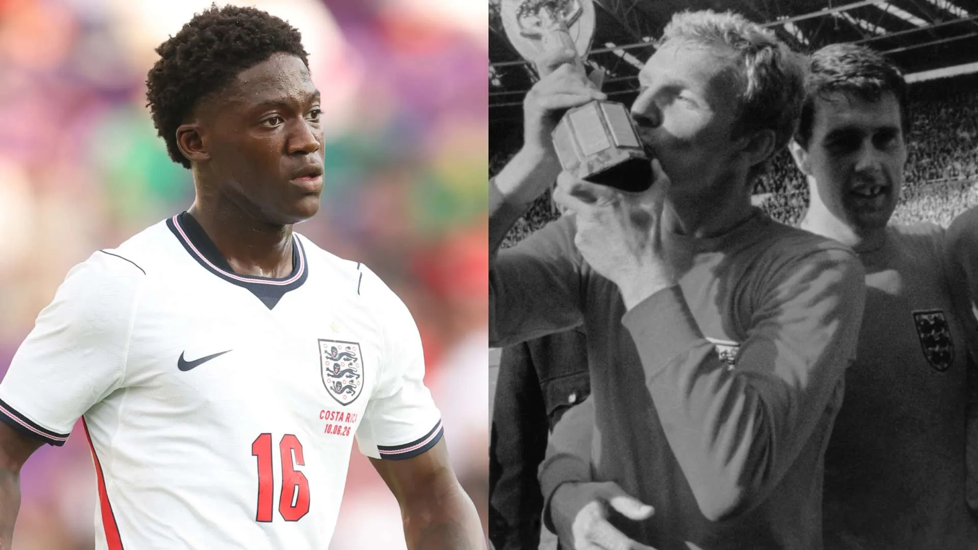 لاعب الوسط الإنجليزي كوبّي ماينو في مباراة حديثة، وصورة تاريخية لجيف هيرست يحتفل بكأس العالم 1966 مع منتخب إنجلترا.
