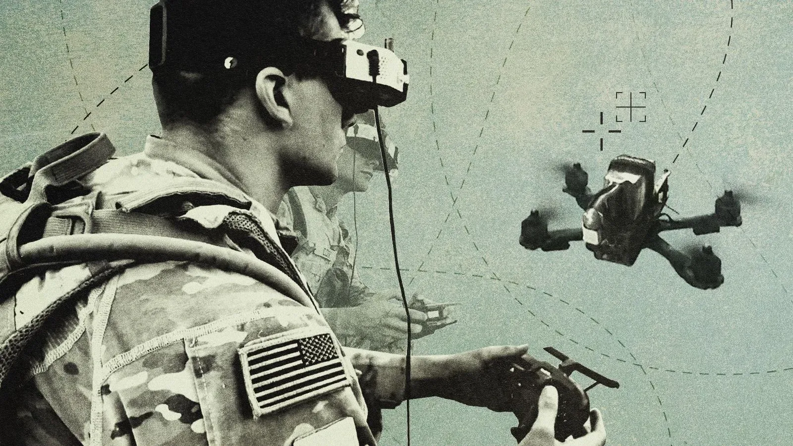 جندي أمريكي يرتدي نظارات واقع افتراضي ويتحكم بطائرة مسيرة صغيرة، مع خلفية توضح تقنيات الحرب الحديثة.