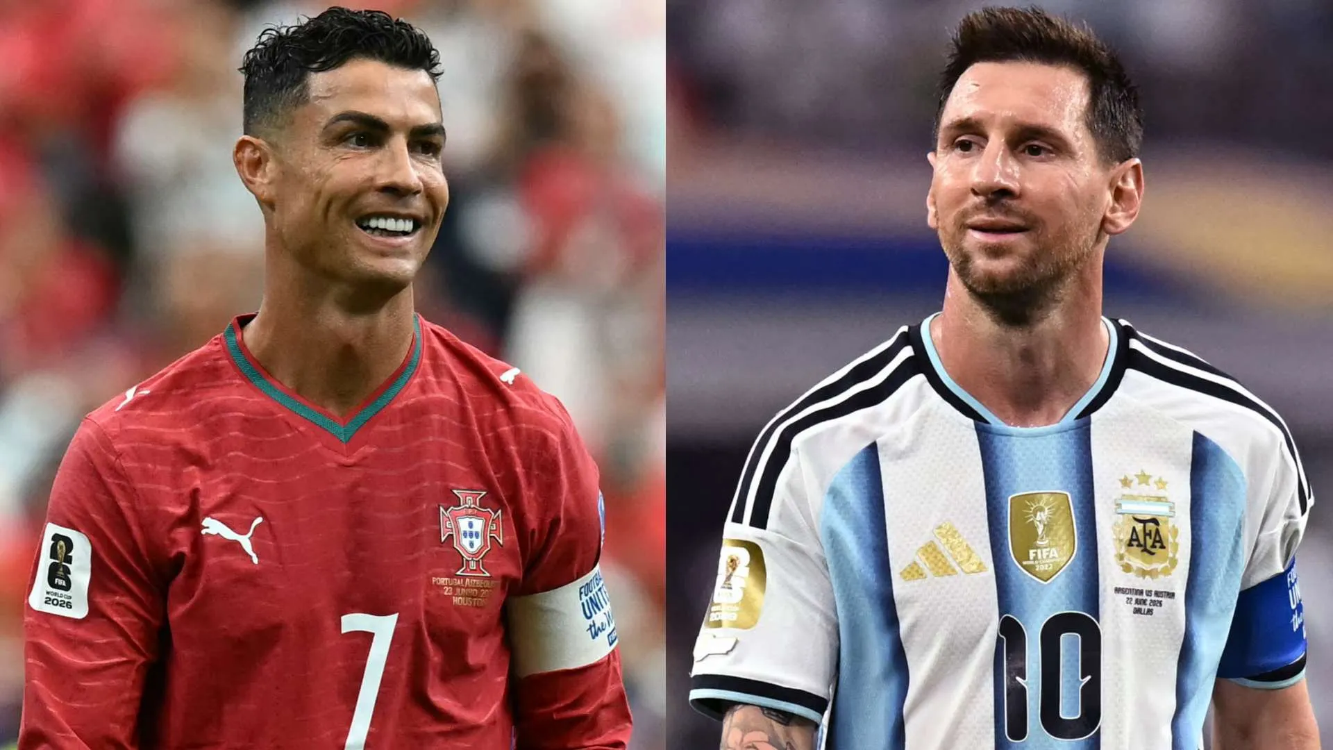 كريستيانو رونالدو وليونيل ميسي في ملابس منتخبي البرتغال والأرجنتين، مع تسليط الضوء على مستقبل رونالدو في التمثيل بعد كرة القدم.