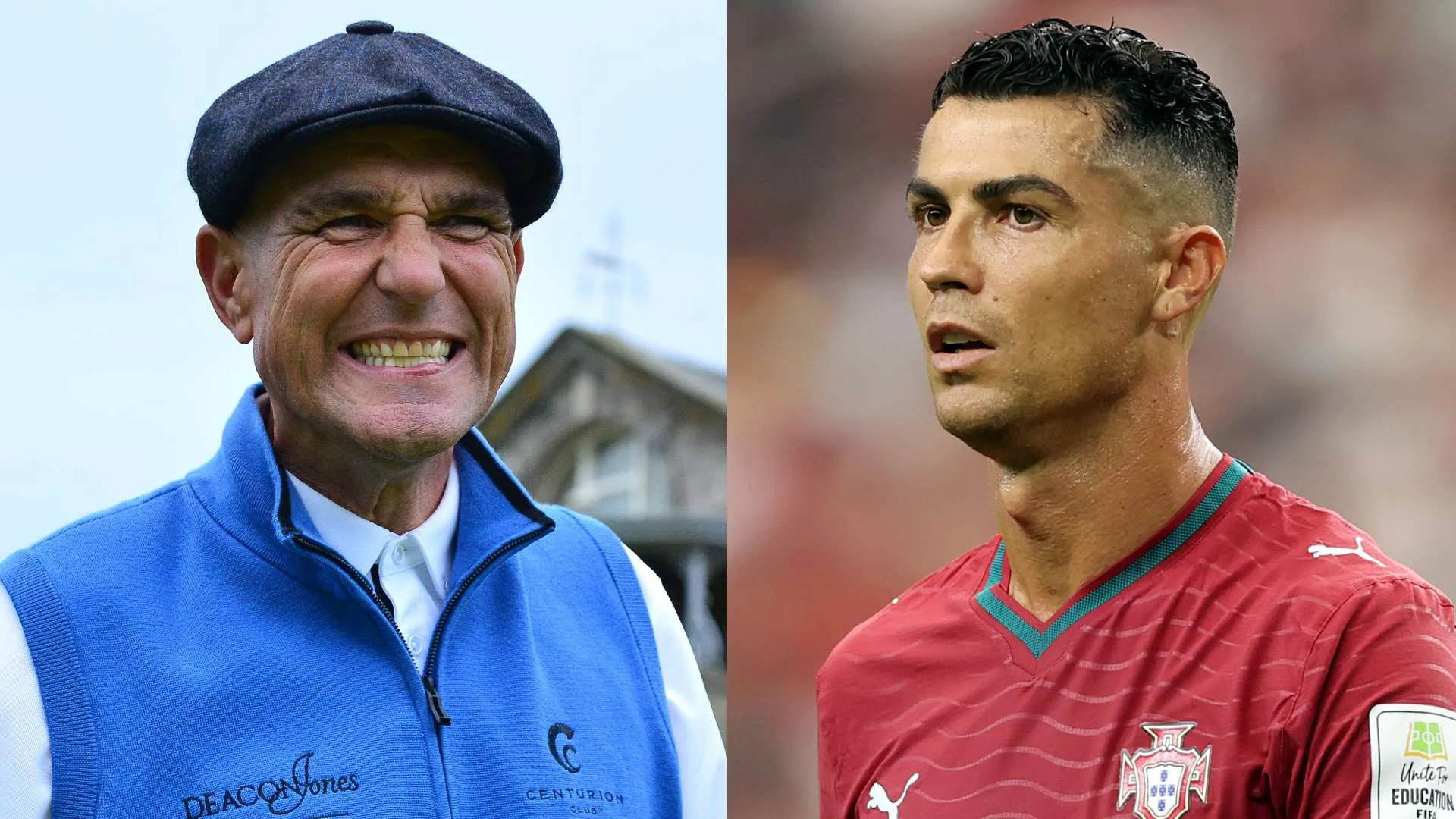 صورة تجمع بين الممثل السابق ولاعب كرة القدم Vinnie Jones والنجم البرتغالي Cristiano Ronaldo، مع التركيز على احتمال تحول رونالدو إلى عالم التمثيل بعد اعتزاله كرة القدم.