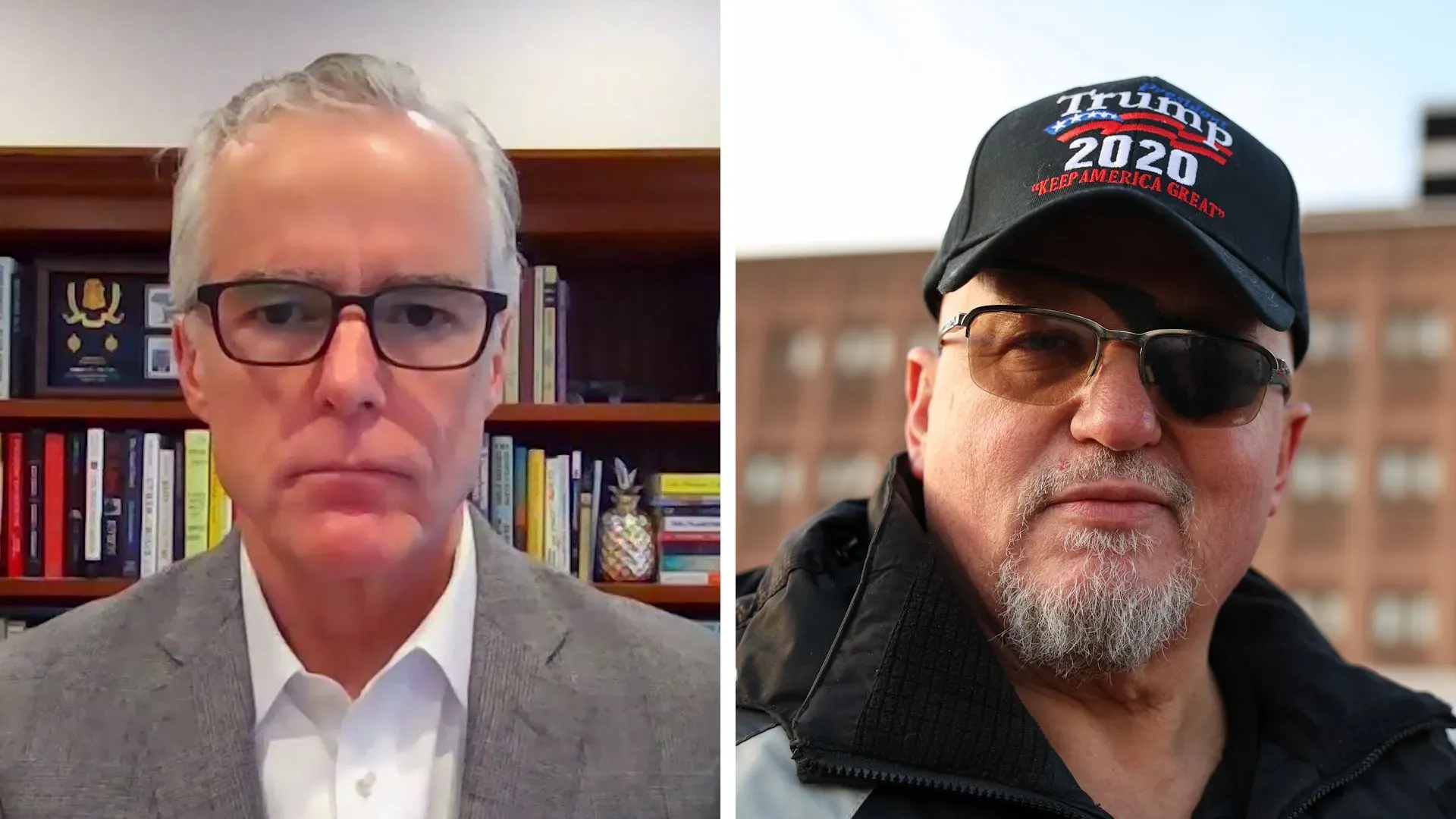 صورة لرجلين، أحدهما يرتدي نظارات وقميصًا رماديًا، والآخر يرتدي قبعة تحمل شعار ترامب، يعكسان التوتر السياسي بعد الإفراج عن مثيري الشغب.