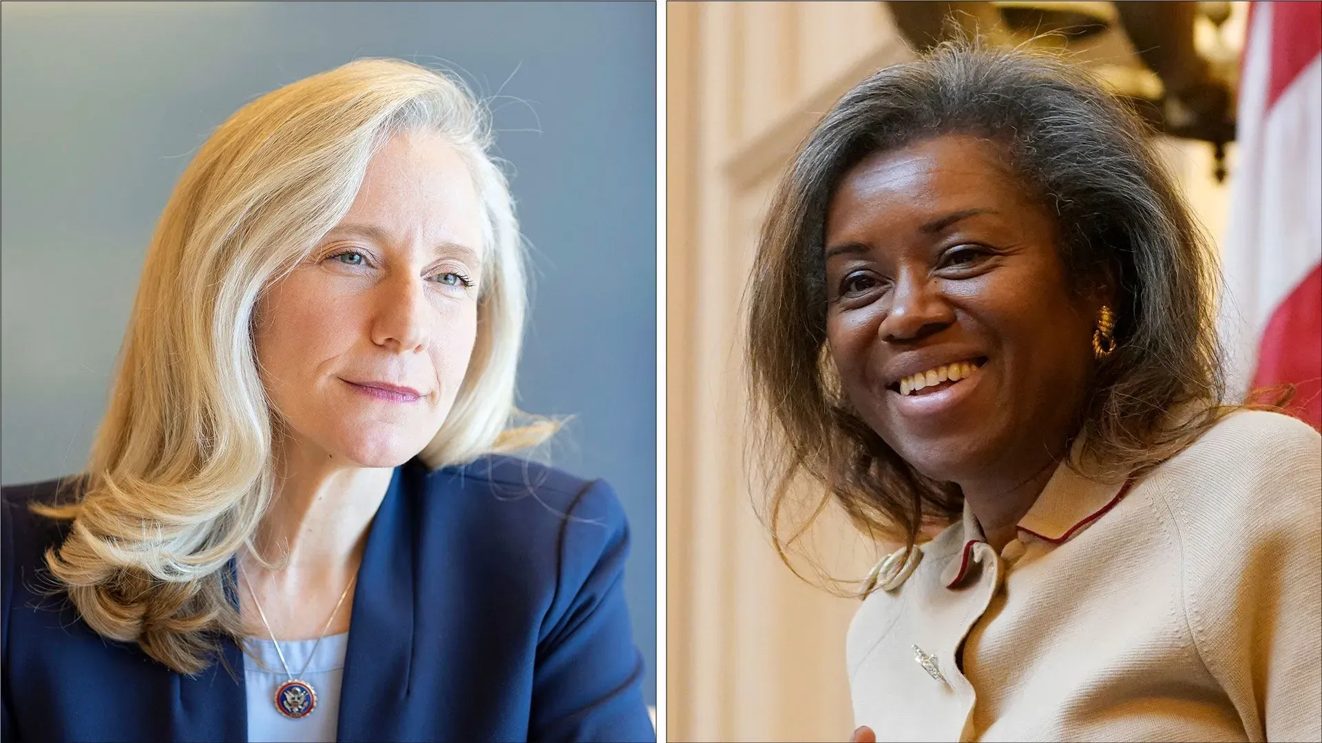 صورتان لمرشحتين لمنصب حاكم ولاية فيرجينيا: أبيغيل سبانبرغر، ديمقراطية، وإيرل-سيرز، جمهورية، كل منهما تسعى لتحقيق تاريخ انتخابي جديد.