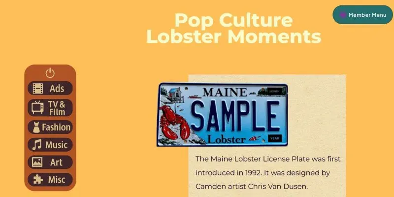 لحظة ثقافية شهيرة للكركند، تتضمن لوحة ترخيص ولاية ماين بتصميم فني، تُبرز أهمية الكركند في الثقافة المحلية.